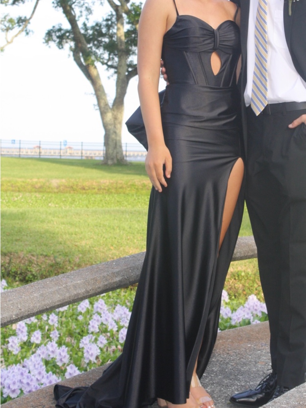 Black Satin Spaghetti-Strap Prom Dress with High Side Slit